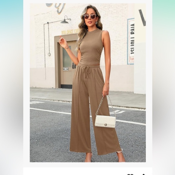 New 2 Piece Knit Ribbed Lounge Set -Sleeveless Crop Tank Top -Wide Leg Pants Set - Picture 2 of 4